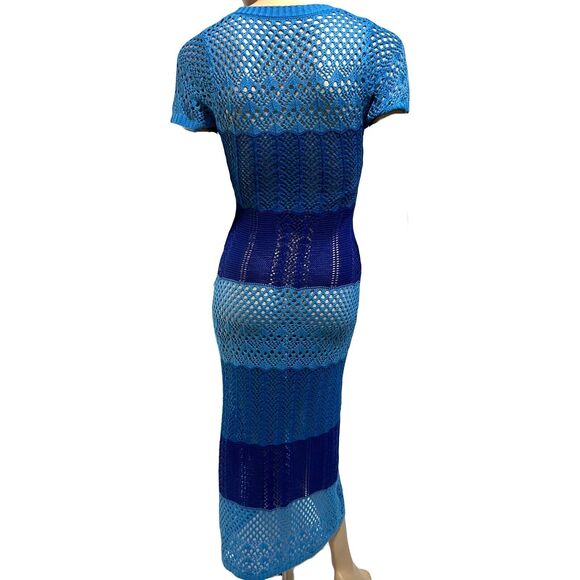 Knit Mix Crochet Open Knit See Thru Maxi Dress Size L Blue Stripe Beach Festival - Picture 4 of 14